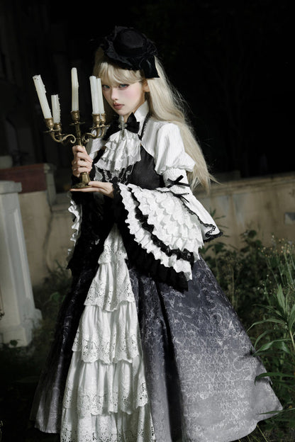 Black/white Print Bone Magic Ruffle Cardigan Lace Classic Gothic Princess Lolita Jsk Dress