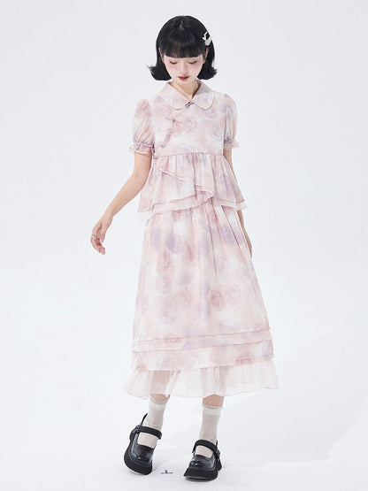 Chinese-style Rose Print Puff Sleeve Ruffle Shirt Skirt Two Piece Set