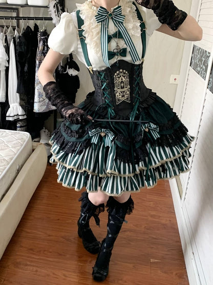 [pre-order Deadline: May 20] Magical Girl Lolita Lace Puff Sleeve Shirt + Black X Green Ribbon Corset Tiered Dress + Mini Hat