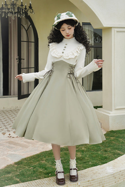 White/green [wind Garden] Stand Collar Ruffle Lace-up Color Matching Fake Two Pieces Classic Lolita Dress
