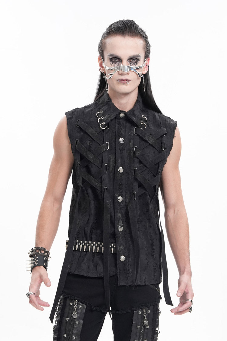 Black Lapel Collar Sleeveless Lace-up Ripped Ring Gothic Vest