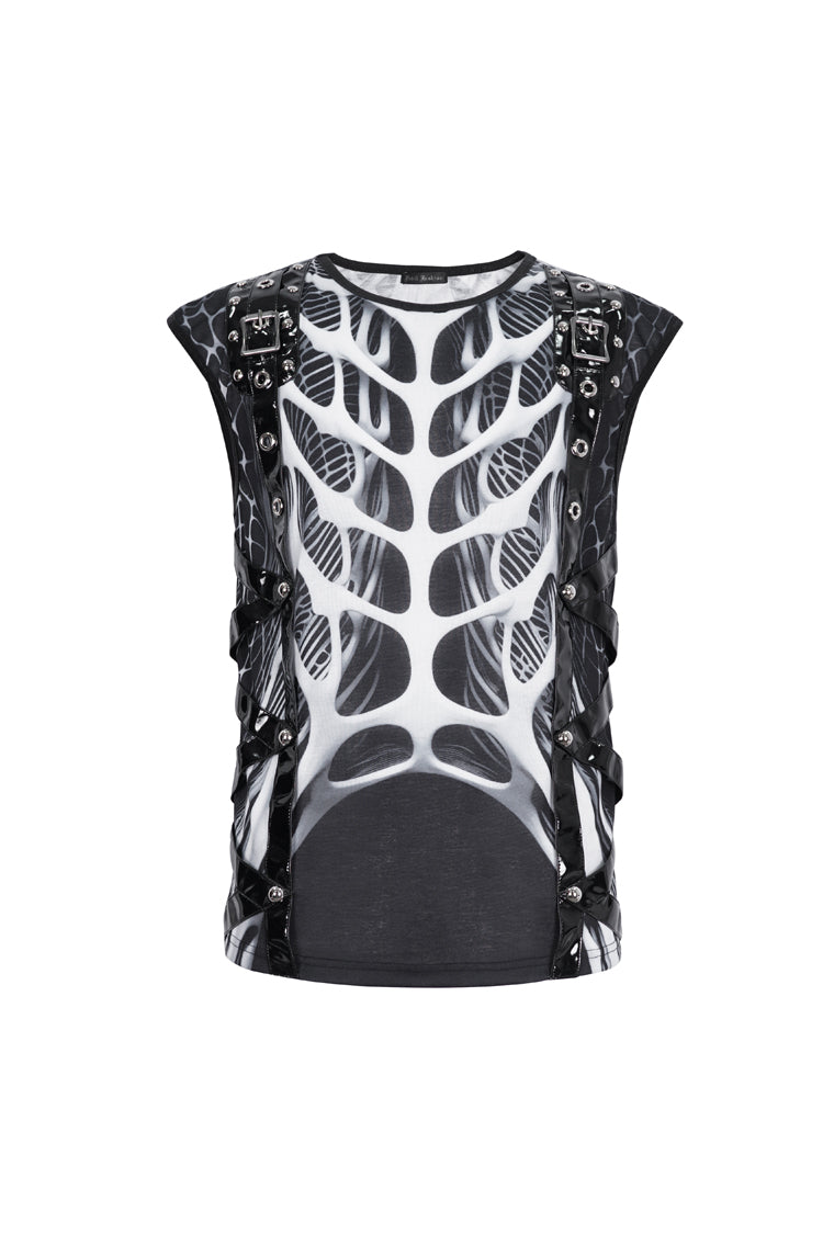 Black/white Round Collar Print Hollow Punk Vest