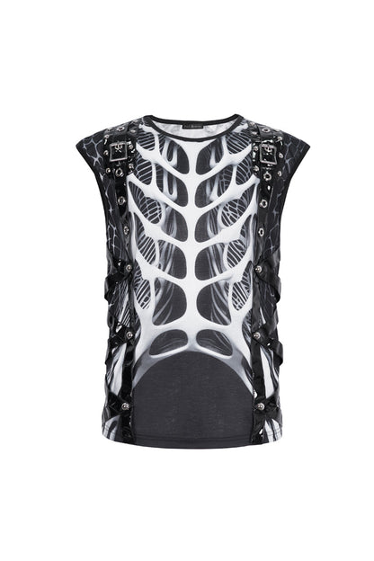 Black/white Round Collar Print Hollow Punk Vest