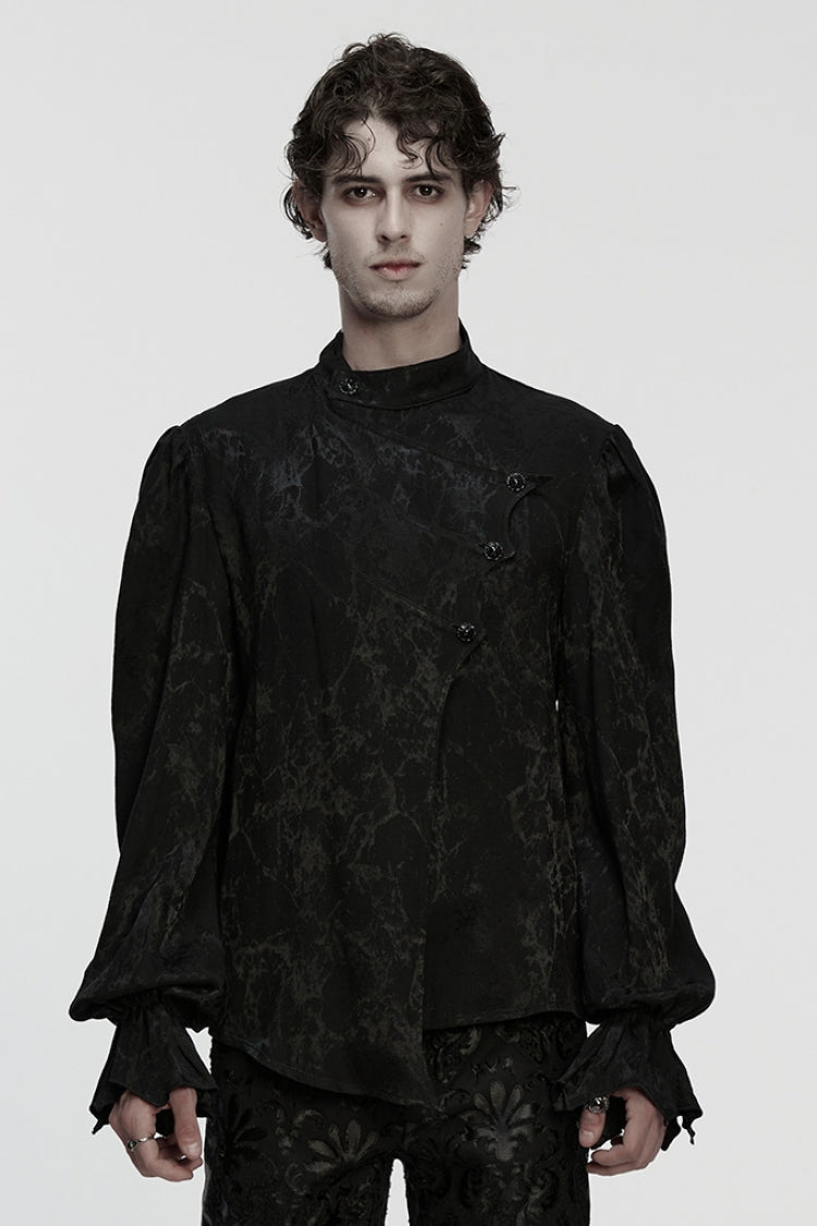 Black Stand Collar Long Puff Sleeves Print Asymmetric Gothic Blouse