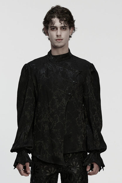 Black Stand Collar Long Puff Sleeves Print Asymmetric Gothic Blouse