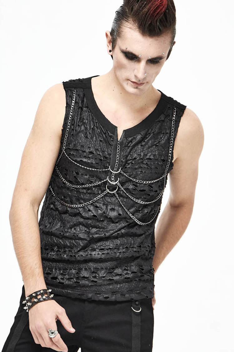Black Broken Holes Thick Stripes Chest Chain Knit Punk Vest