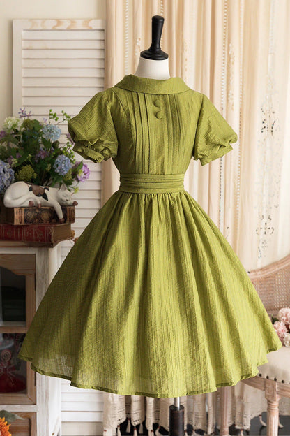 Green [forest Gallery] High Collar Short Lantern Sleeves Pastoral Style Classic Lolita Dress