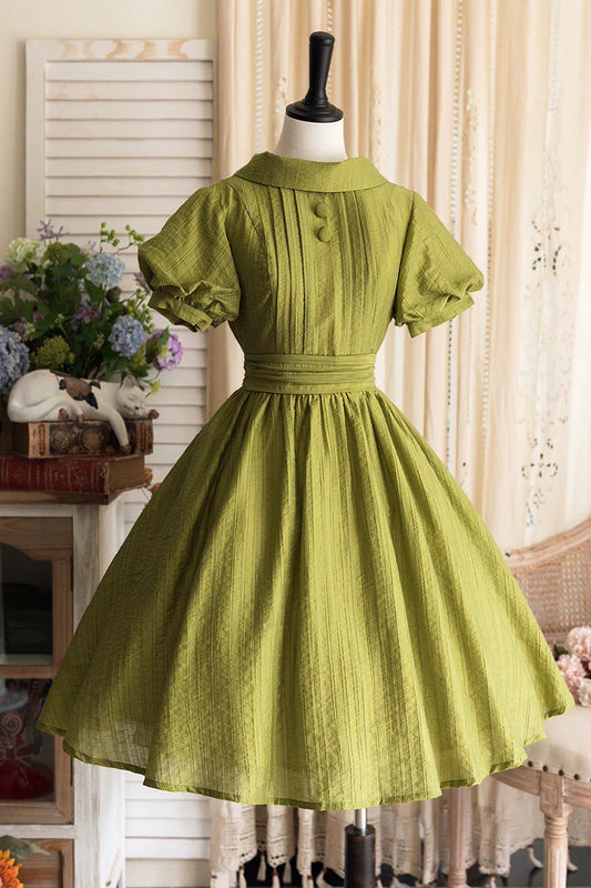Green [forest Gallery] High Collar Short Lantern Sleeves Pastoral Style Classic Lolita Dress