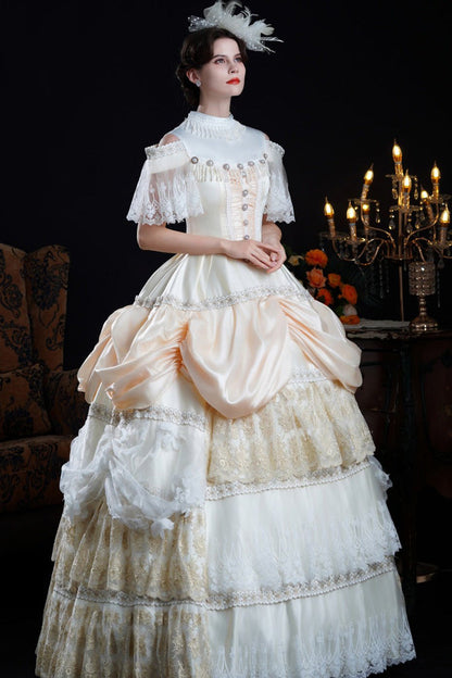 Champagne Stand Collar Multi-layered Ruffled Lace Classic Palace Victorian Lolita Dress