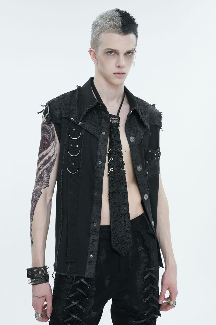 Black Sleeveless Buckle Splice Unedged Punk Vest