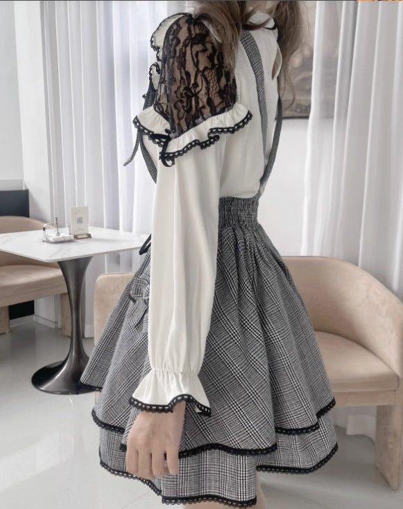 Lace Ribbon Shirt + Slimming Plaid Skirt [pre-order]