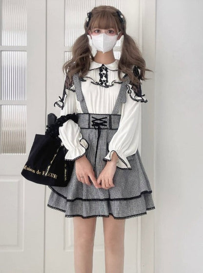 Lace Ribbon Shirt + Slimming Plaid Skirt [pre-order]