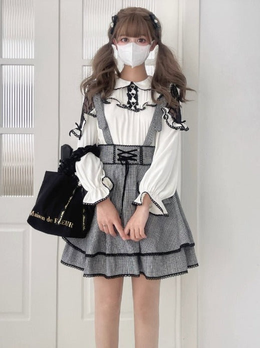 Lace Ribbon Shirt + Slimming Plaid Skirt [pre-order]