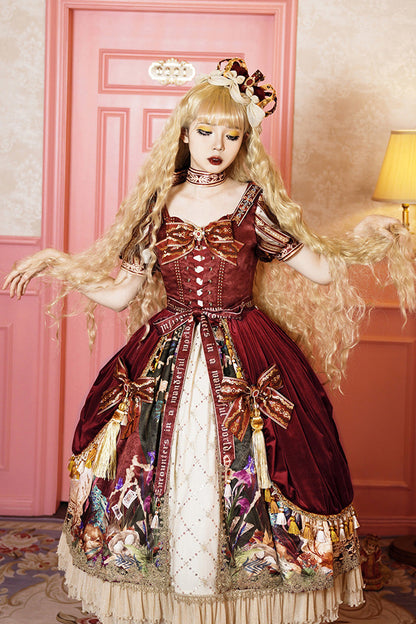 Red [kaleidoscope of Dreams] Double-layered Print Embroidery Bowknot Lace-up Classic Lolita Dress