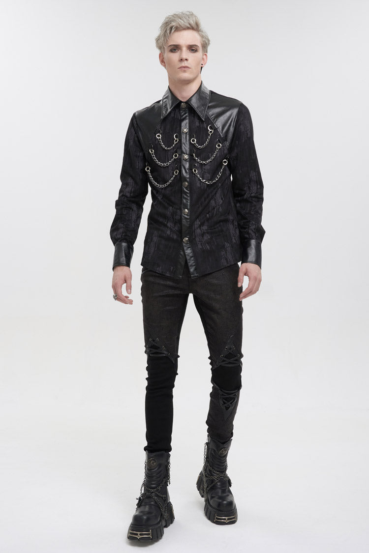 Black Ribbed Metal Chain Hand-painted Velveteen Paneled Leather Punk Shirt