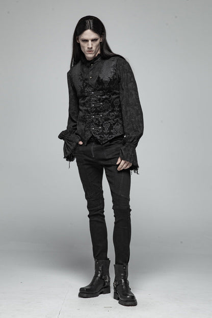 Black Retro Jacquard Front Woven Strap Metal Button Gothic Vest
