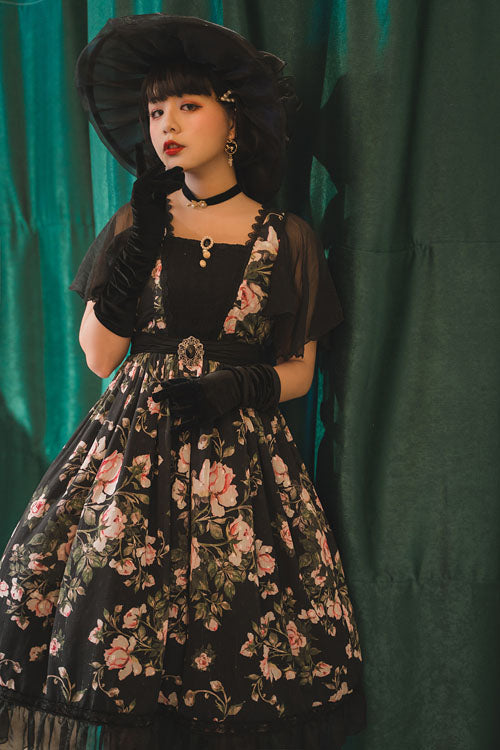 Black French Rose Print Square Collar Ruffled Classic Lolita Op Dress