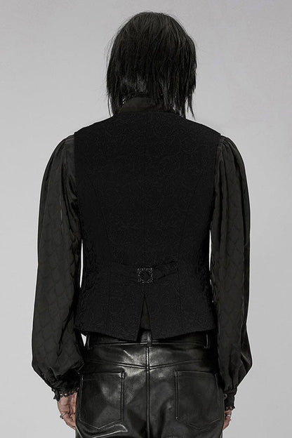 Black Punk V Neck Asymmetrical Relief Sculpture Jacquard Double Row Hand Seam Button Vest