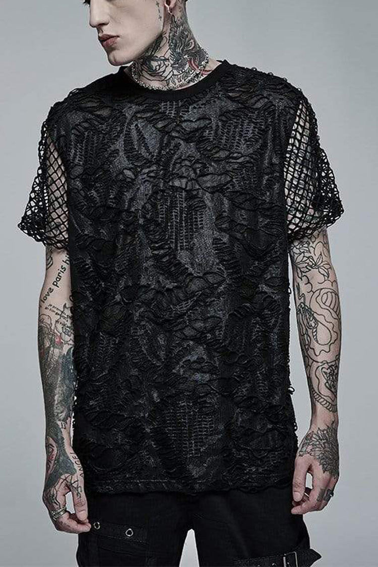 Black Punk Irregular Ripped Mesh Stitching Stretch Loose Knit Short Sleeved T-shirt