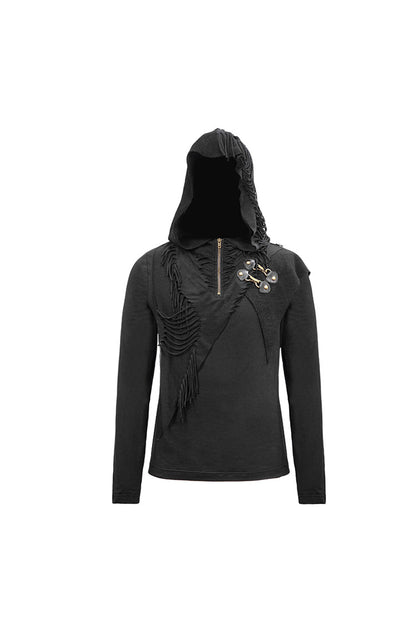 Black Long Sleeves Asymmetric Tatters Strip Leather Metal Loop Hooded Punk T-shirt