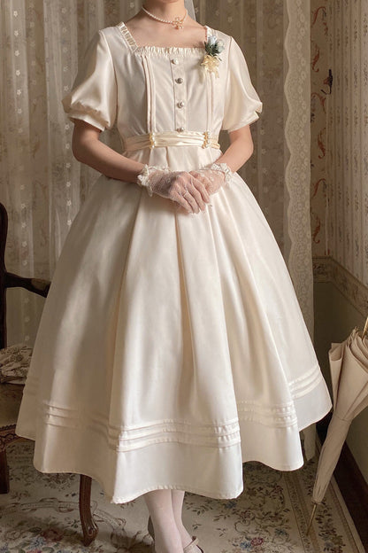 Apricot [random Thoughts] Square Collar Short Sleeves Ruffle Classic Lolita Dress