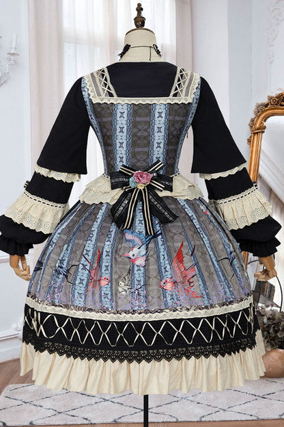 Multi-color Finches in the Mirror Print Cardigan Long Sleeves Princess Ruffled Classic Lolita Op Dress