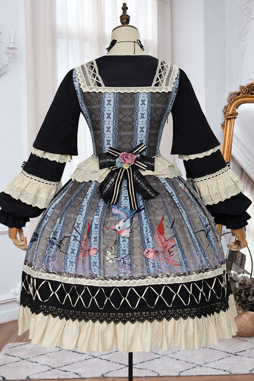 Multi-color Finches in the Mirror Print Cardigan Long Sleeves Princess Ruffled Classic Lolita Op Dress