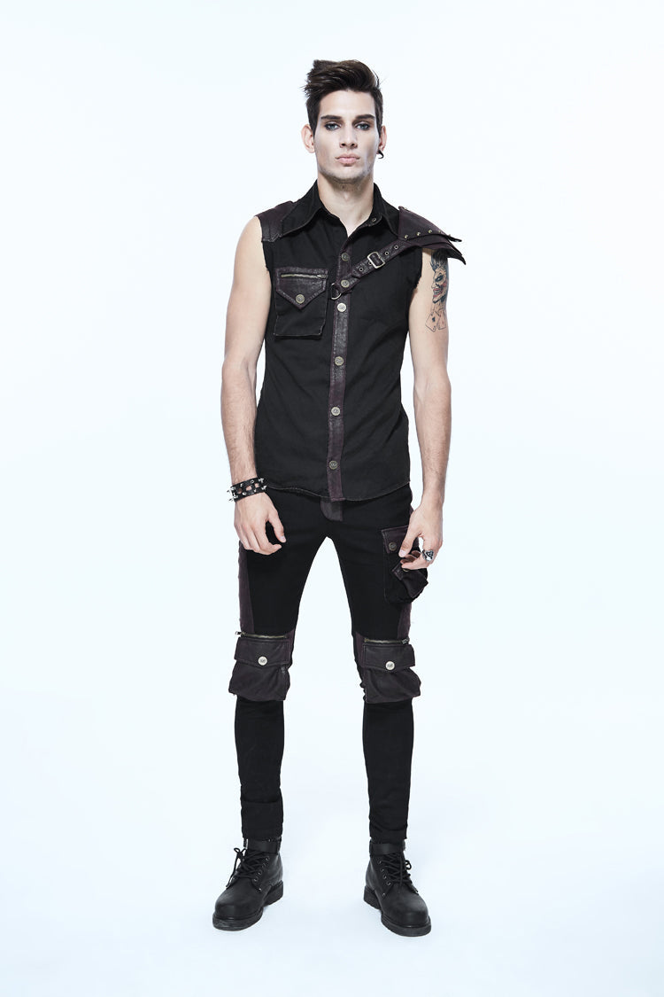 Black Twill Brown One Shoulder Armor Heat Seal Hasp Sleeveless Punk Shirt