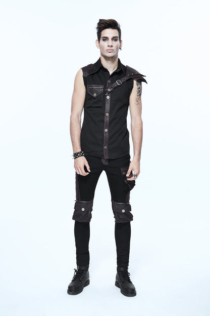 Black Twill Brown One Shoulder Armor Heat Seal Hasp Sleeveless Punk Shirt