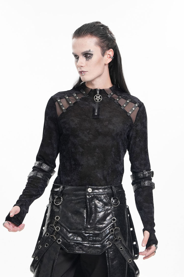 Black Round Collar Long Sleeves Buckle Star Studs Gothic T-shirt