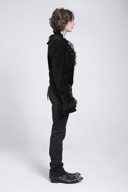 Black V Collar Long Sleeves Ruffle Stitching Lace Gothic Blouse