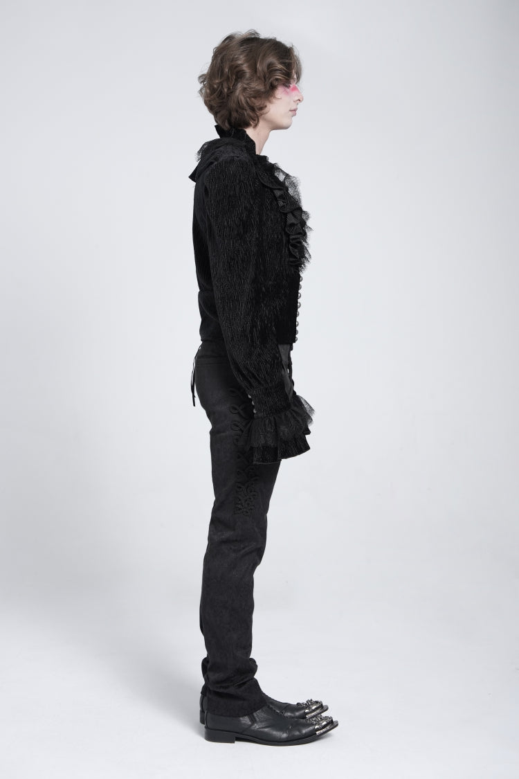 Black V Collar Long Sleeves Ruffle Stitching Lace Gothic Blouse