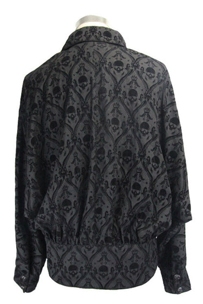 Black Lace Up Neckline Skull Printed Gothic Blouse