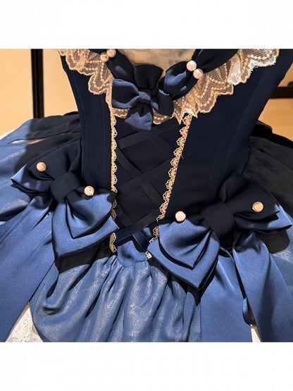 [pre-order Deadline: May 6] Dark Blue Moonlight Sea Lace Ribbon Layered Dress + Accessories