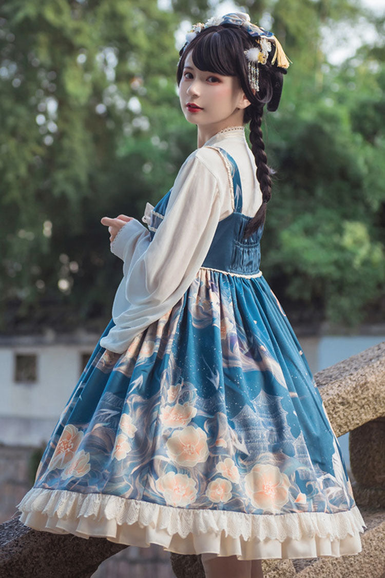 Blue White Tiger and Flowers Print Bowknot Chinese Style Classic Lolita Jsk Dress
