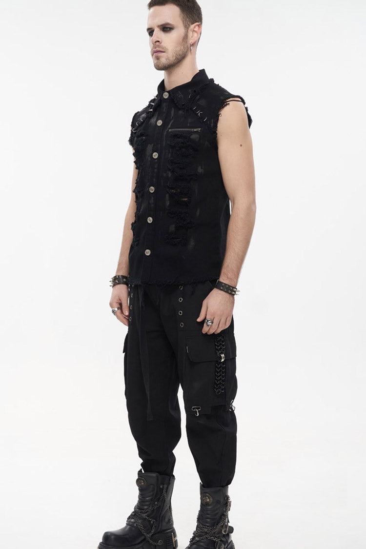 Black Punk Standing Collar Irregular Hand-painted Sleeveless Metal Decoration Tattered Shirt