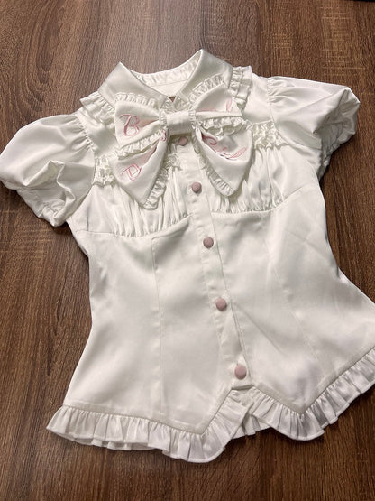 [order Deadline: May 12] Pink White Sweet Lolita Idol Ribbon Puff Sleeve Shirt + Corset Tulle Pull-up Jks Dress Set