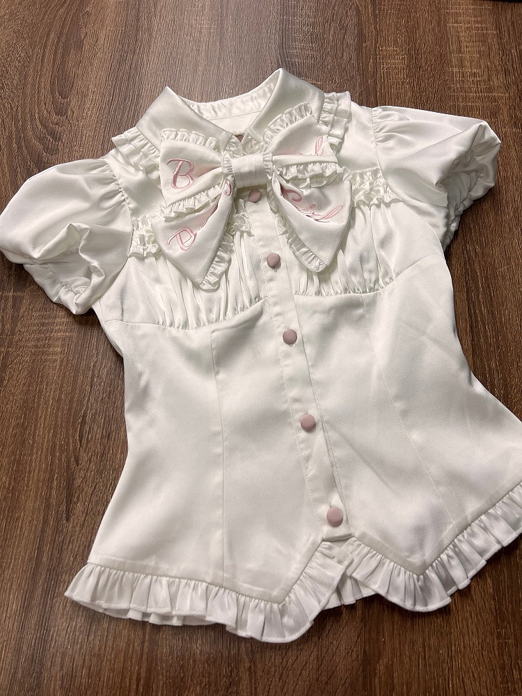 [order Deadline: May 12] Pink White Sweet Lolita Idol Ribbon Puff Sleeve Shirt + Corset Tulle Pull-up Jks Dress Set