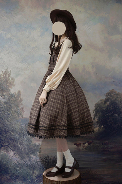 Brown [poem of Greina] V Collar Sleeveless High Waisted Printed Classic Lolita Jsk Dress