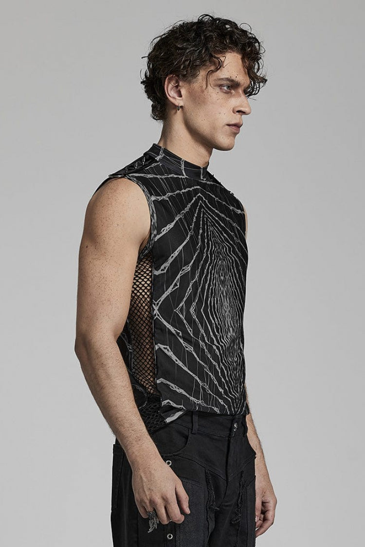 Halo Print Sleeveless Stitching Mesh Rivets Steampunk T-shirt 2 Colors