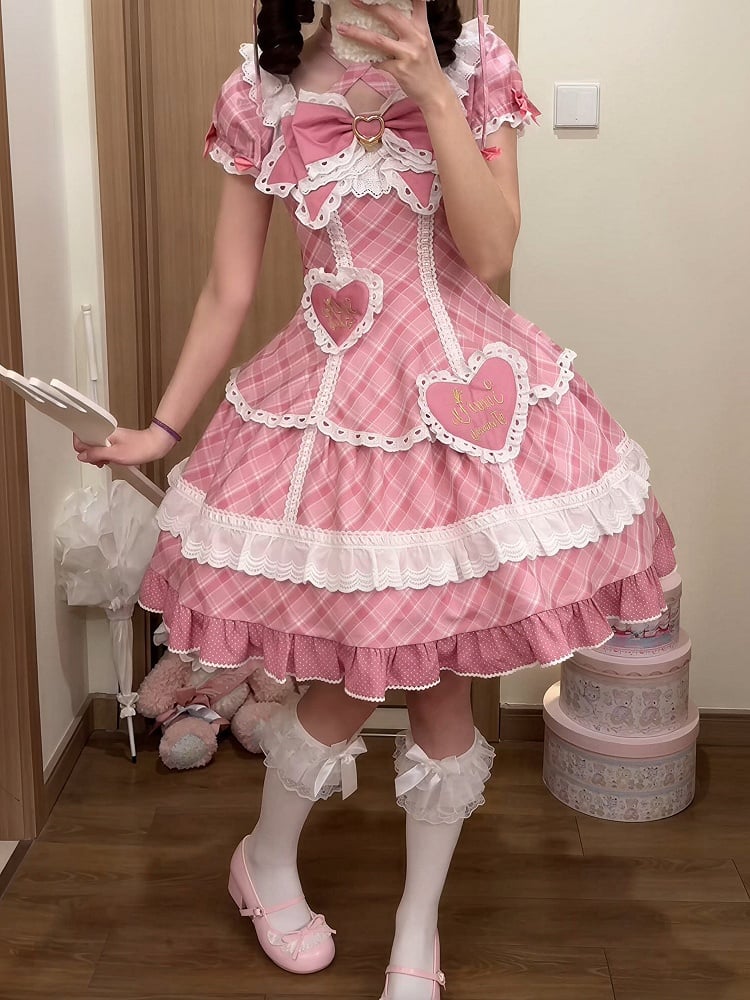 [pre-order Deadline: May 10] Blue/yellow/pink Sweetheart Lolita Ribbon Puff Sleeve Tiered Dress + Bunny Ear Full Set + Cat Ear Full Set