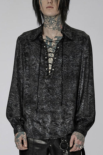 Black/silver Stand Collar Long Puff Sleeves Print Lace-up Metal Decoration Gothic Blouse