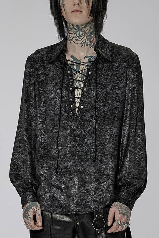 Black/silver Stand Collar Long Puff Sleeves Print Lace-up Metal Decoration Gothic Blouse
