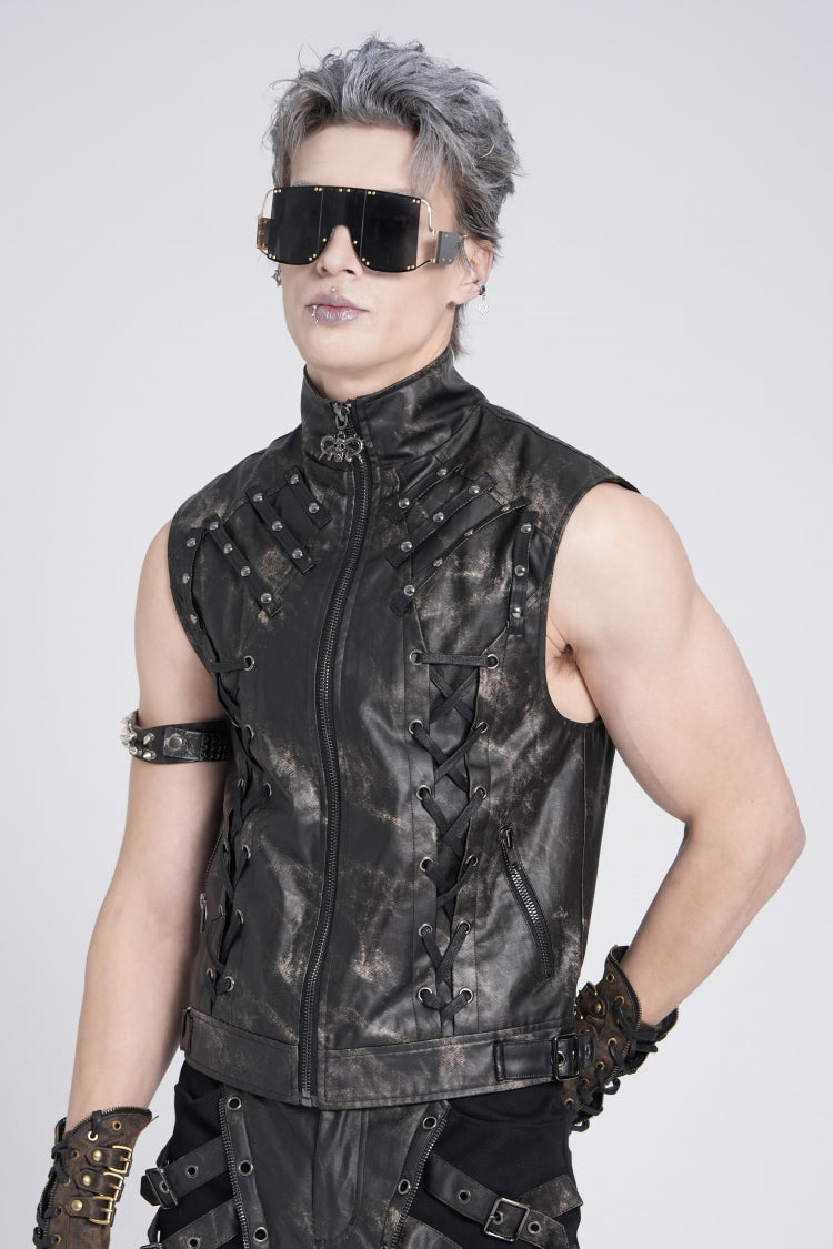 Black Stand Collar Sleeveless Strappy Stitching Zipper Gothic Vest