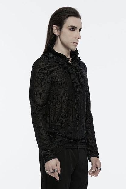 Black Stand Collar Long Sleeves Print Ruffle Gothic Blouse