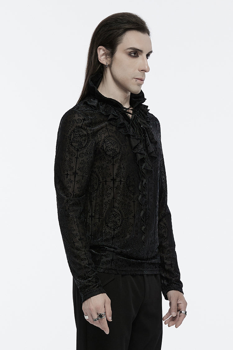 Black Stand Collar Long Sleeves Print Ruffle Gothic Blouse