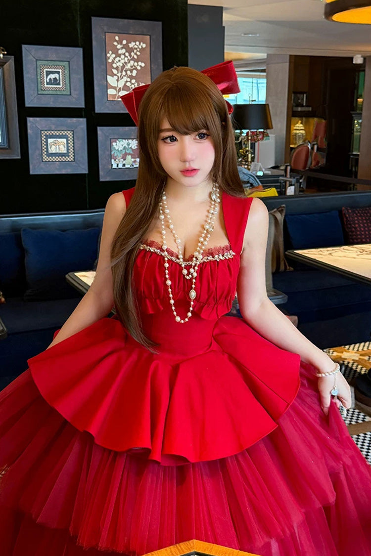 Red [romantic Rose] Square Collar Sleeveless Ruffled Classic Ballet Lolita Dress