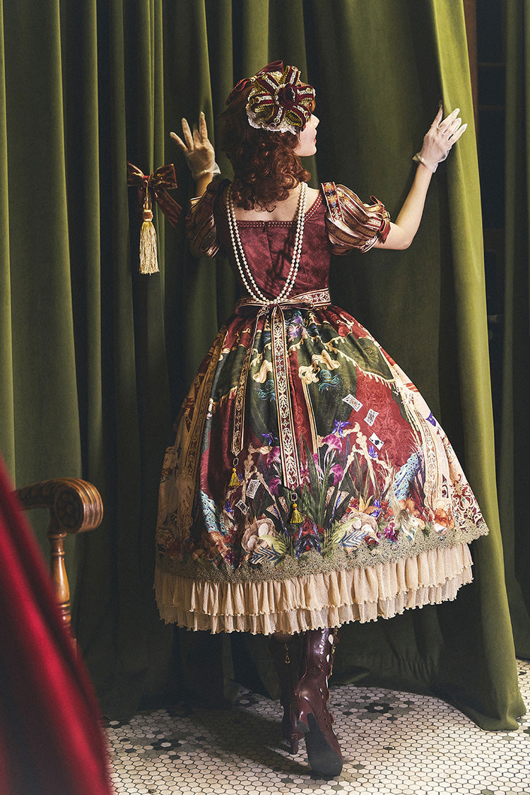 Red [kaleidoscope of Dreams] Double-layered Print Embroidery Bowknot Lace-up Classic Lolita Dress