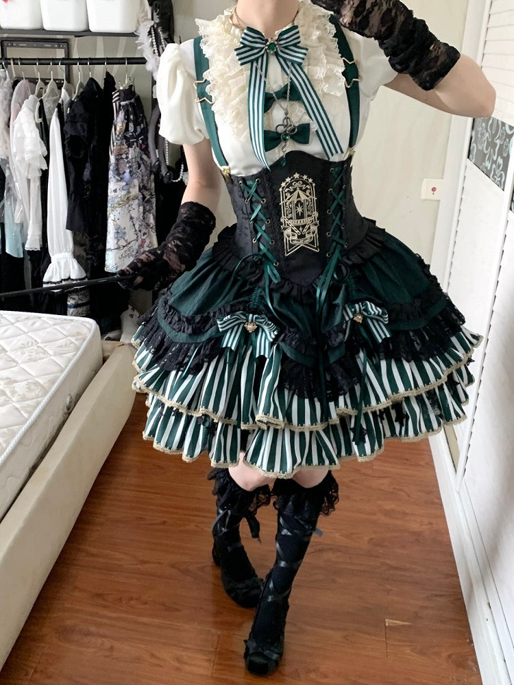 [pre-order Deadline: May 20] Magical Girl Lolita Lace Puff Sleeve Shirt + Black X Green Ribbon Corset Tiered Dress + Mini Hat