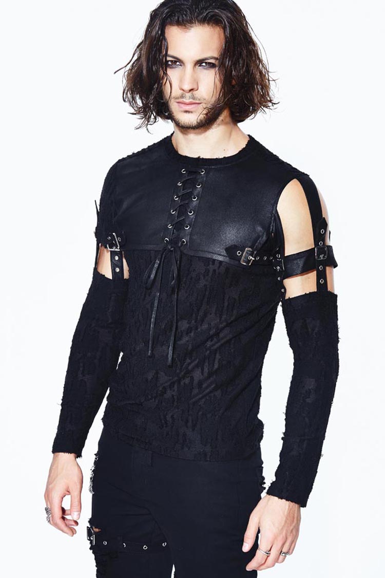 Black Leather Loop Sleeve Irregular Jacquard Knitted Chest Lace Up Removable Punk Shirt